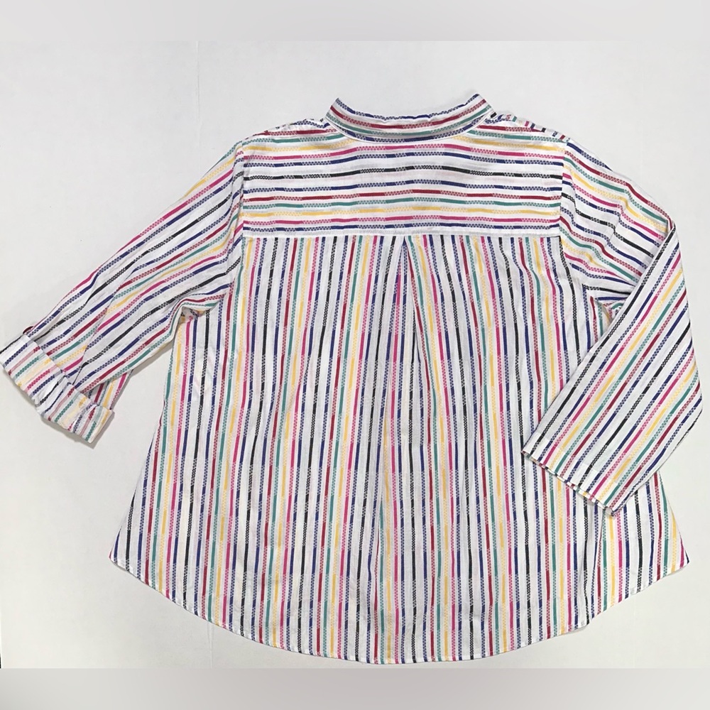 Ali Miles 1X Cotton Textured Rainbow Stripes Button Down Tunic Roll Tab Sleeve - Picture 2 of 15